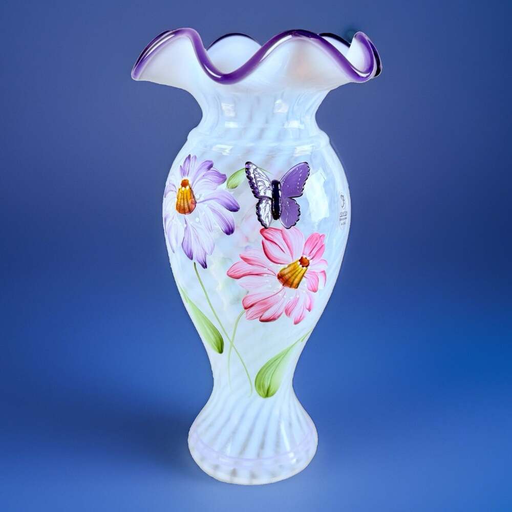Very Rare Fenton Vase Heirloom Optics Opalescent Swirl Purple Butterfly 3D